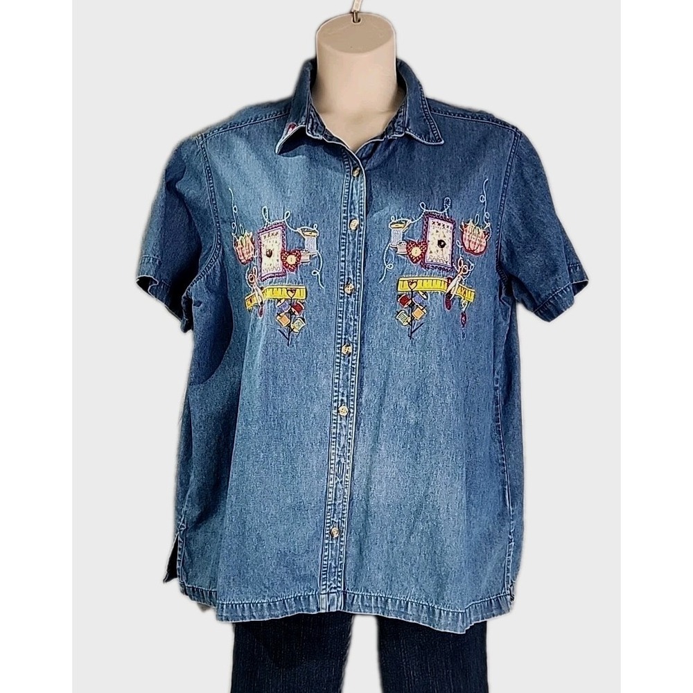 Vtg Bobbie Brooks Woman Denim Shirt Blue Sz 18W/20W Embroidery Design Sewing